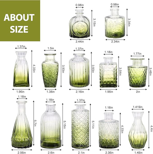 12 Pack Green Glass Bud Vase Set, Small Vintage Vases for Centerpieces, Decorative Flower Vases for Wedding Home Table Decor
