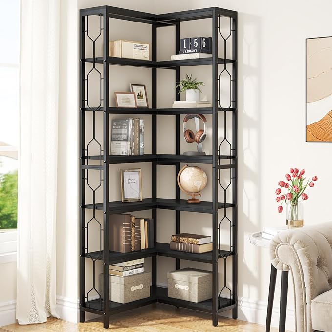 Tribesigns Corner Shelf, 7-Tier Industrial Corner Bookshelf, Wood and Metal Corner Etagere Bookcase, Freestanding Display Shelf for Living Room, Kitchen, Home Office, All Black