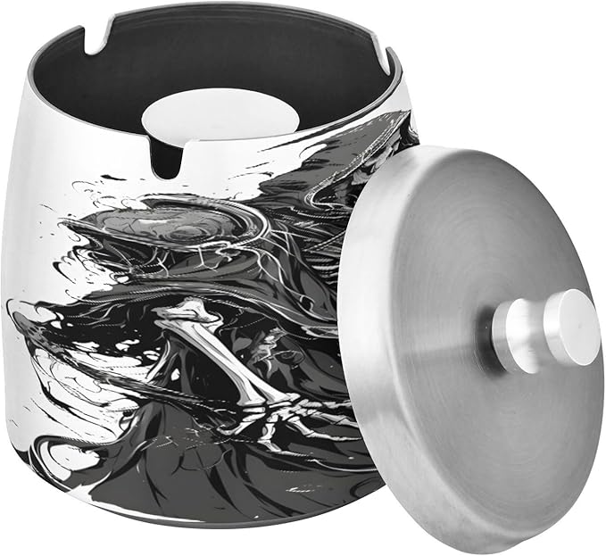 Black Death Ashtray with Lid, Outdoor Ashtrays for Patio, Stainless Steel Ashtray Odorless Smokeless for Home Office Balcony
