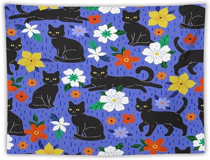 VUMIVI Black Cat Floral Tapestry Red White Hand-Painted Flowers Cute Animals Kids' Doodles Tapestry Wall Hanging for Living Room Bedroom Dorm Classroom Aesthetic Decor W80xL60in