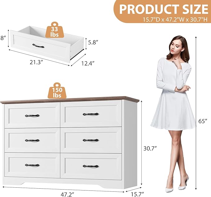 GAOMON Farmhouse 6 Double Drawers Dresser for Bedroom, 47.2''Wide Chest of Drawer, Wooden Horizontal Dresser with Metal Handle and Stable Base, Modern Cabinet for Bedroom, Living Room, White and Brown