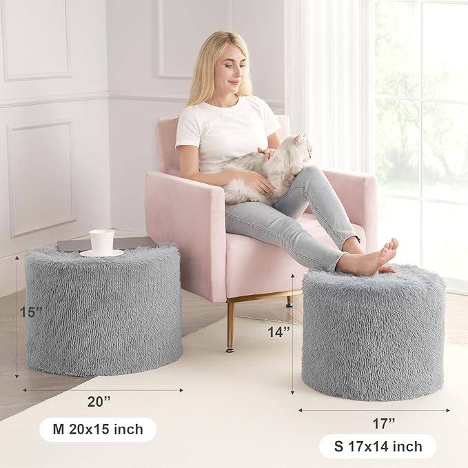 Hansleep Round Pouf Ottoman Foot Rest, 17 x 14 Small Faux Fur Stuffed Pouf for Chair, Foam Filled Foot Stools Ottomans for Living Room, Grey