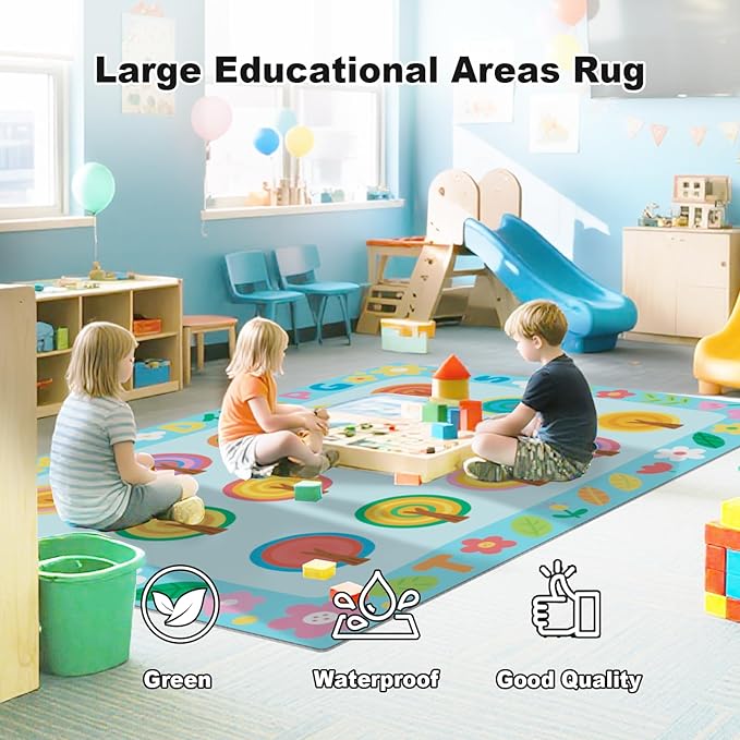 Large Classroom Carpet Rug, Educational Areas Rug Non-Slip Playmat Painted Small Tree Pattern, Washable Loop Pile Carpet for Playroom, Livingroom,Bedroom, Seats 30 7.6 x 13ft