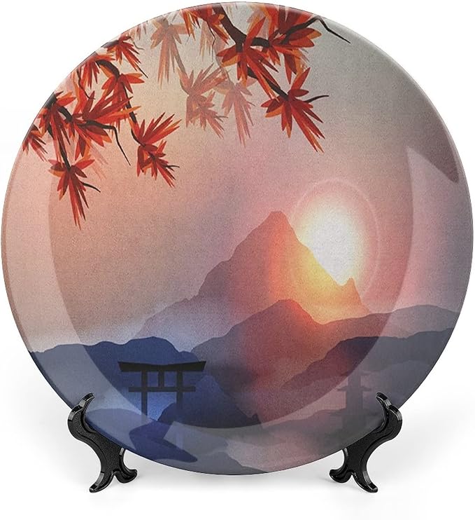 Ceramic Display Plate, Asian Ceramic Hanging Decorative Plate, Majestic Himalayas Peaks Tops Circle Culture, 6 Inch, Household Custom Ceramic Plate, Blue Pink Red