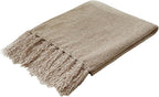 Light Taupe Chenille Throw Blanket for Couch Bed，Soft Cozy Throw Blanket with Handmade Fringe, Decorative Blanket for Sofa Chair Living Room for Gift