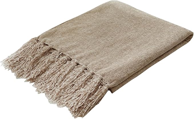 Light Taupe Chenille Throw Blanket for Couch Bed，Soft Cozy Throw Blanket with Handmade Fringe, Decorative Blanket for Sofa Chair Living Room for Gift
