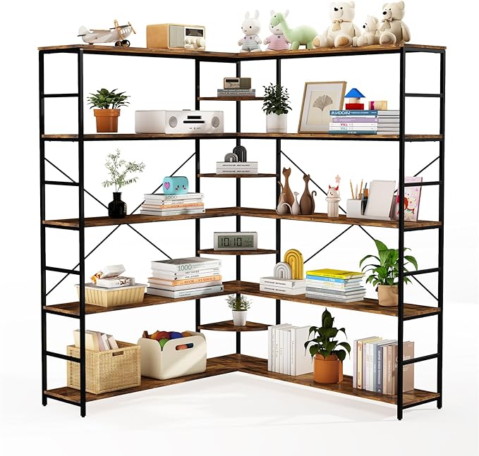 L Shaped Corner Bookshelf, 5 Tier Industrial Corner Shelf, Modenr Open Tall Bookcase with Curved Panel, Storage Display Shelf for Bedroom, Living Room & Home Office, Vintag