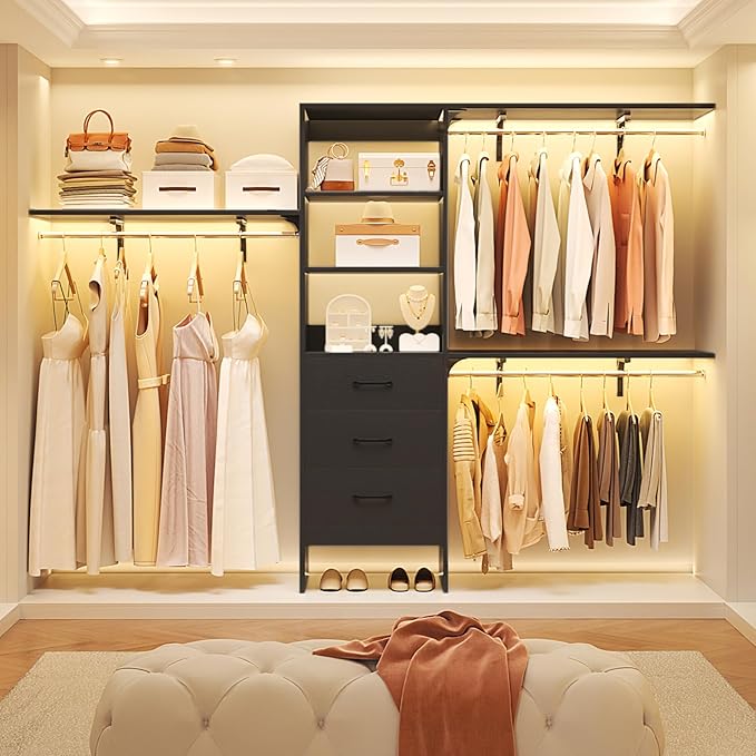 Flrrtenv 8FT Closet System, 96'' Closet Organizer System with 3 Hanging Rods, Wall Mount Bedroom Wardrobe with 3 Drawers Walk-in Closet, Adjustable Cloth Garment Rack from 5 to 8FT (Cut to Fit), Black