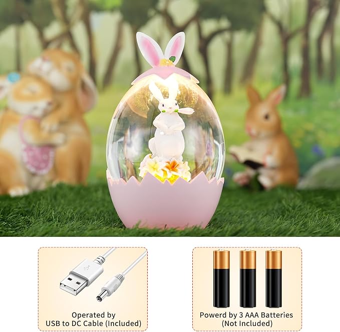Easter Snow Globe Decorations for The Home Lighted Bunny Statue with Easter Eggs, Perfect Spring Decor and Gifts, Pink