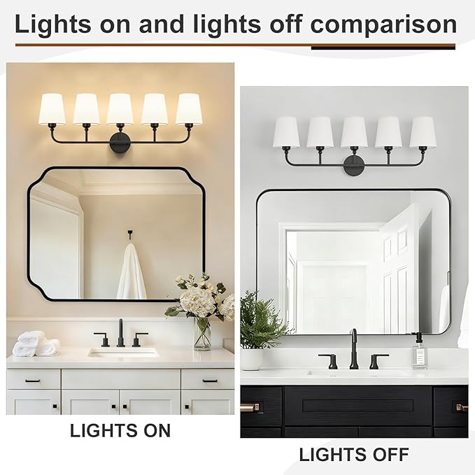 Kvhilw Bathroom Vanity Light, Matte Black Bathroom Light Fixtures, 5-Light Lighting Fixtures Over Miror, Modern Wall Sconce with Flared White Fabric Shade, E26 Socket(ETL Listed)
