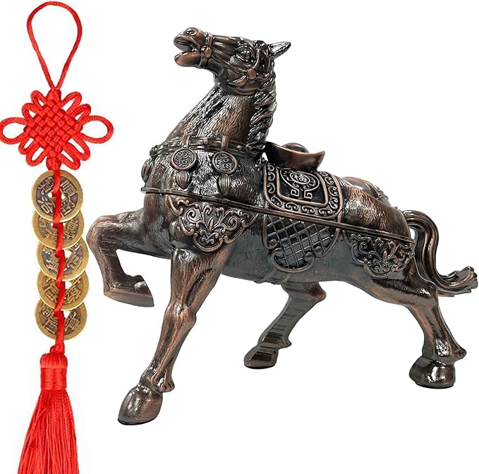 Metal Ornament Galloping Horse Statue Classic Bronze Finish Luxury Home Decor Multi Functional Sculpture for Living Room Office Desk Feng Shui Art with Set of 5 Lucky Charm Ancient Coins (D3 Bronze)