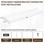 48 Inch Floating Shelves, 12 Inch Deep Floating Shelves for Wall, Floating Shelf with Invisible Brackets, Deep Wall Shelves for Bathroom, Bedroom, Living Room, 1 Pack, White