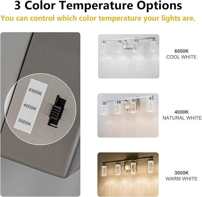 SineRise 4-Light Brushed Nickel Vanity Light with 3 Color Modes (3000K/4000K/6000K), Eye Protection LED Bathroom Light Fixture, Dimmable Modern Wall Light Over Mirror with Clear Glass Shade