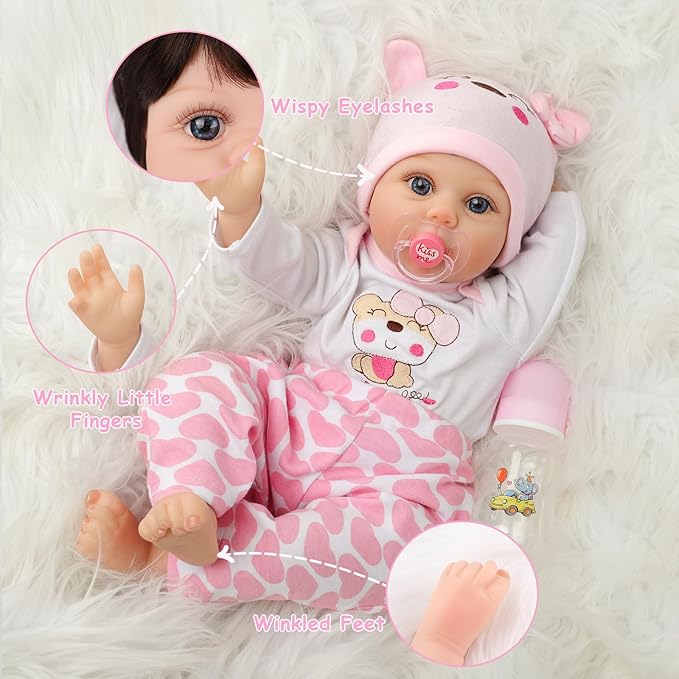 Reborn Baby Dolls Girl 22 Inch Realistic Silicone Baby Doll, Real Life Bebe Dolls Lifelike Handmade Soft Vinyl Cloth Body with Feeding Kit Toys Gifts for Kids 3+ (Lucia)
