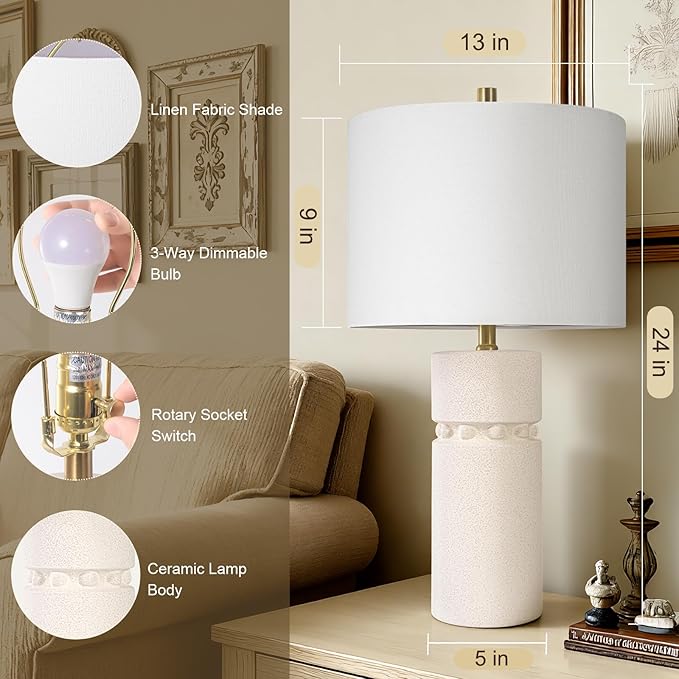 24" Ivory Modern Ceramic Bedside Table Lamps Set of 2, Boho Tables Lamps for Living Room with 3-Way Dimmable Bulb, Rustic Nightstand Lamp with Linen Shade for Bedroom Office (Bulbs Included)