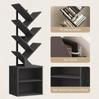 Tree Bookshelf, 6 Tier Bookcase with 2 Storage Racks, Free Standing Wooden Bookcase, Floor Standing Book Shelf Organizer for Living Room, Bedroom, Study, Home Office, Black