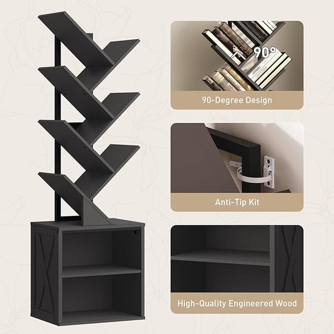 Tree Bookshelf, 6 Tier Bookcase with 2 Storage Racks, Free Standing Wooden Bookcase, Floor Standing Book Shelf Organizer for Living Room, Bedroom, Study, Home Office, Black