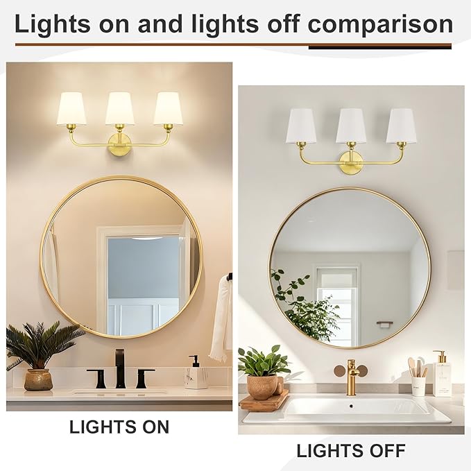 Kvhilw Bathroom Vanity Light, Brushed Gold Bathroom Light Fixtures, 3-Light Lighting Fixtures Over Miror, Modern Wall Sconce with Flared White Fabric Shade, E26 Socket(ETL Listed)