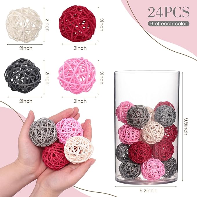 DomeStar Valentines Day Tiered Tray Heart Bowl Fillers Decor, 24PCS Pink Rattan Balls Decorative Balls for Bowl Centerpiece, 2 Inches Home Indoor Table Decor