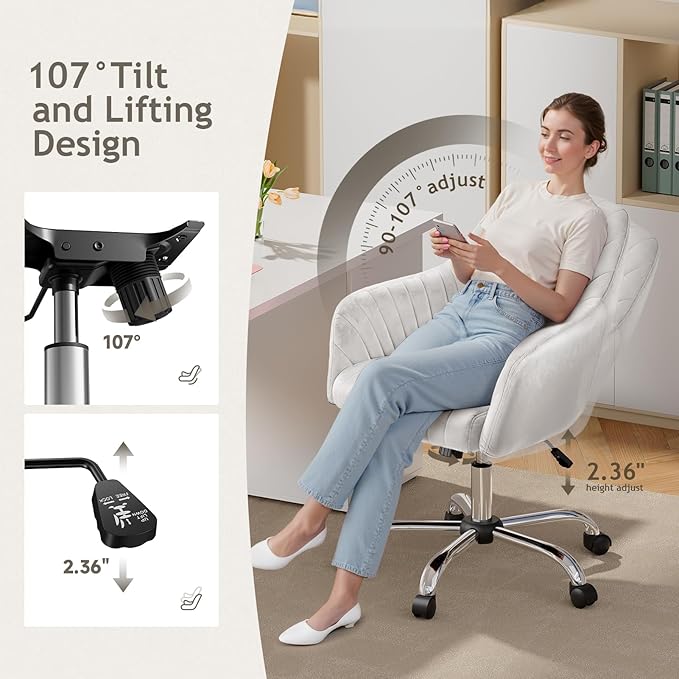 Warmiehomy Velvet Desk Chair for Home Office, Modern Adjustable Swivel Task Chair, Women Vanity Chairs with Arm Rest for Bedroom Dressing Room, White
