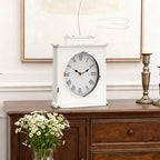 MODE HOME Vintage Mantel Clock, Large Rustic Distressed Metal Table Clock with Handle, Silent Non-Ticking Quartz Movement, Whitewashed Fireplace Shelf Desk Clock for Living Room Bedroom Office