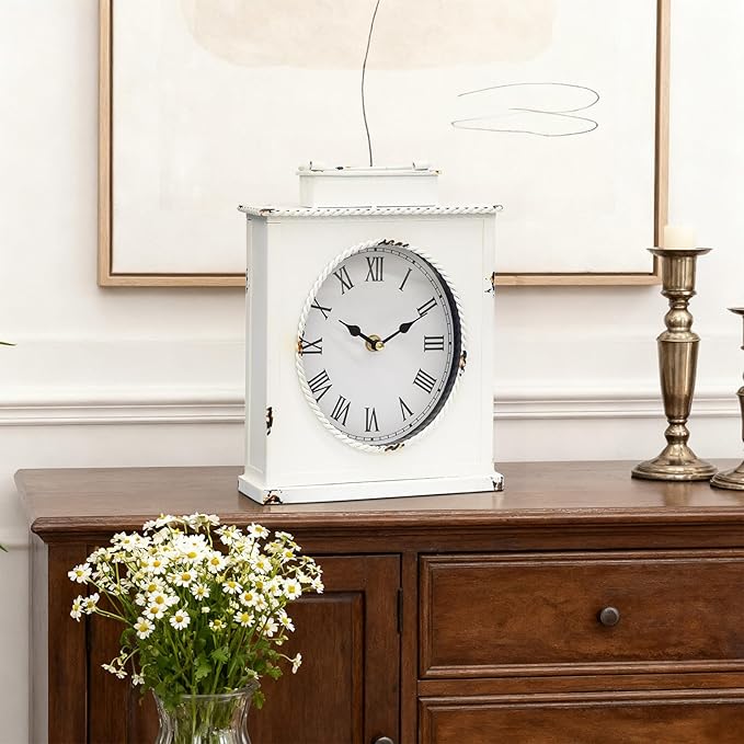 MODE HOME Vintage Mantel Clock, Large Rustic Distressed Metal Table Clock with Handle, Silent Non-Ticking Quartz Movement, Whitewashed Fireplace Shelf Desk Clock for Living Room Bedroom Office