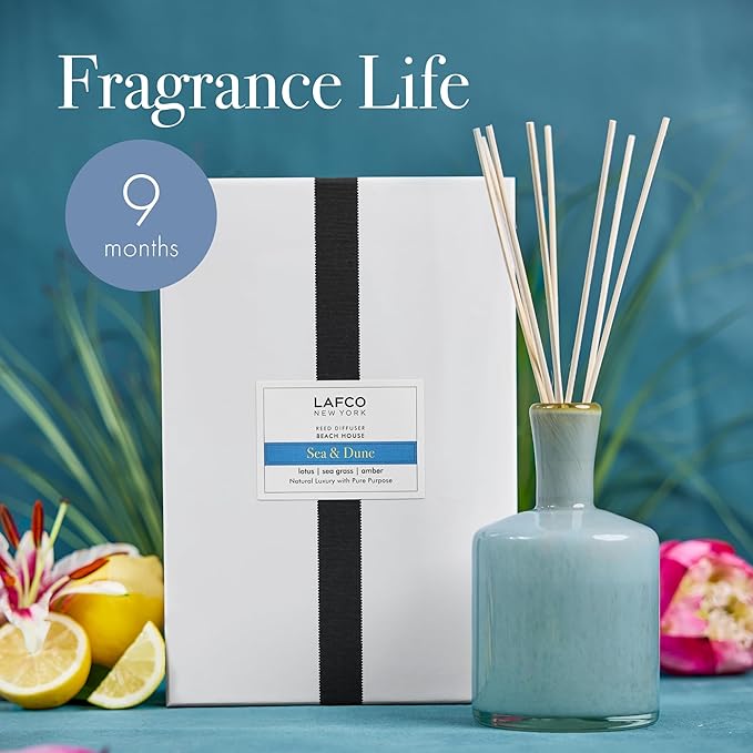 LAFCO New York Signature Reed Diffuser, Sea & Dune - 15 oz - Up to 9 Months Fragrance Life - Reusable, Hand Blown Glass Vessel - Natural Wood Reeds - Made in The USA