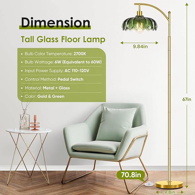 Gold Floor Lamp for Living Room,Unique Vintage Standing Tall Lamp,Mid Century Modern Floor Lamps Arc Green Glass Floor Lamps for Office Corner