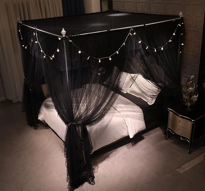 VETHIN 4 Corners Post Ruffle Princess Bed Canopy Curtain-Double Layer Cozy Drape Netting 4 Opening Mosquito Net for Girls Adults Bedroom Decoration (Double-Black,78" W*86" L*82"*H/King)