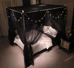 VETHIN 4 Corners Post Ruffle Princess Bed Canopy Curtain-Double Layer Cozy Drape Netting 4 Opening Mosquito Net for Girls Adults Bedroom Decoration (Double-Black, 53" W*78" L*82"*H/(Full))