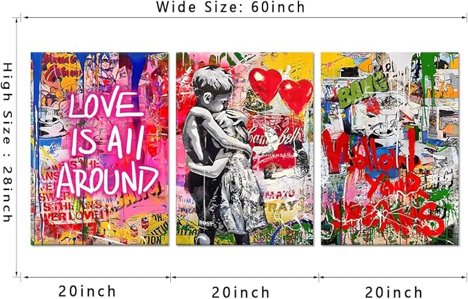 Novatique Colorful Graffiti Canvas Wall Art Street Banksy Wall Art Modern Street Teen Pictures Ready to Hang Banksy Graffiti Posters for Bedroom Living Room, 20”x 28”x 3Pcs
