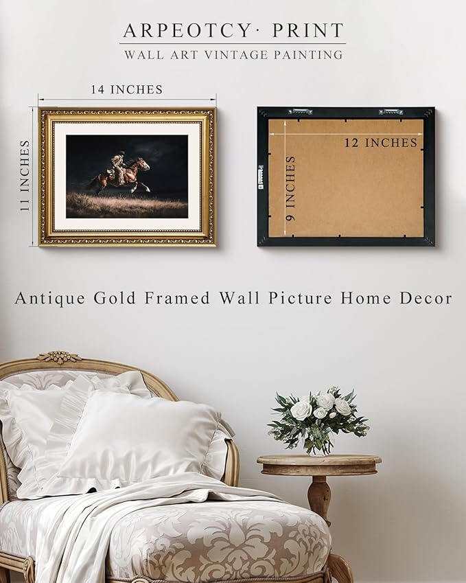 ARPEOTCY Gold Framed Canvas Wall Art, 11x14 Inch Vintage Western Cowboy Night Ride Painting, Dark Rustic Horse Artwork, Classic Cowboy Decor for Living Room, Bedroom, or Office