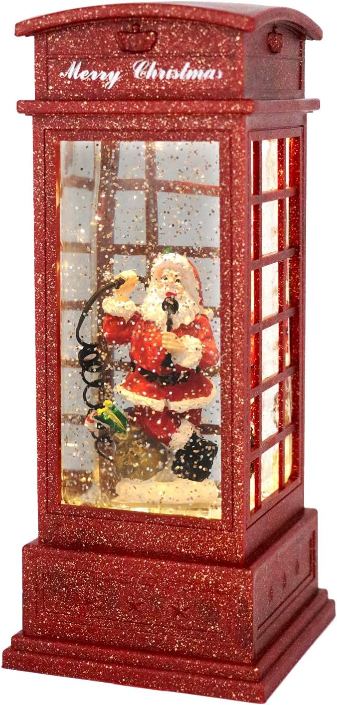 Eldnacele Christmas Snow Globe Lantern Phone Booth, Swirling Water Glittering Battery Operated Festicval Ornament with Timer for Christmas Tabletop Centerpiece Home Decoration(Phone Booth)