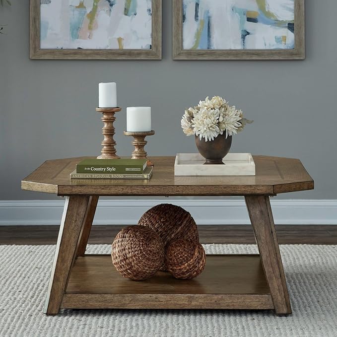 Liberty Furniture Carolina Park Opt 3 Piece Set for Living Room - Octagonal Cocktail Table, 2 Octagonal End Tables - Amber Brown Oak