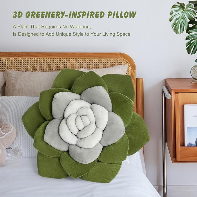 Flower Throw Pillow - 17.8" Plant Shaped Cushion, Soft Plush Decorative Pillow for Bedroom & Living Room, Unique Green Design, Home Decor Accen