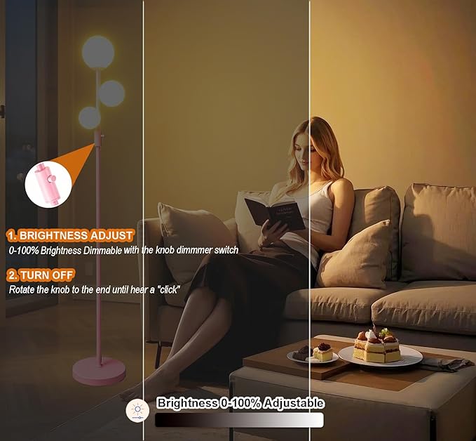 Fiqevs Modern Pink Globe Floor Lamp with Frosted Glass Shade and LED Bulbs, Dimmable Elegant Standing Lamp with Foot Pedal, Tall Pole Lamp for Girls Room, Bedrooms, Office