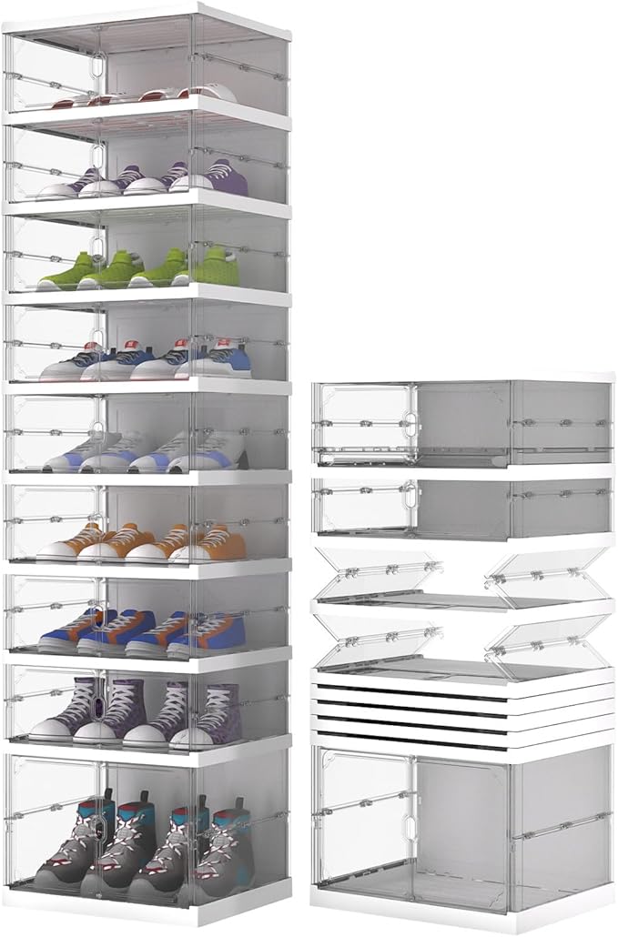 GCCSJ Shoe Rack Organizer Storage Box 9 Tiers-18 Pairs, Portable Folding Shoe Rack with Magnetic Clear Door for Closet Entryway, Transparent, 9 Tiers 18 Pairs