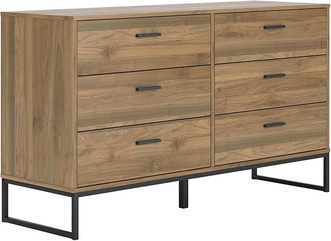 Signature Design by Ashley Deanlow Mid-Century Modern 6 Drawer Dresser with Safety Stop for Bedroom, Light Brown & Black