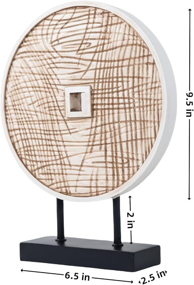 Unique Round Coin Sculpture Decorative Objects for Shelf Home Decor Accents, Modern Abstract Tabletop Decor Items for Living Room Fireplace Mantel, Above Cabinet (Vintage White)