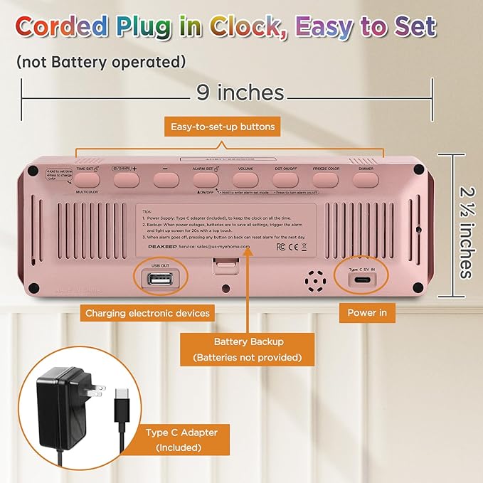 Peakeep Kids Digital Alarm Clock for Bedrooms, Date Day of Week Large Display Numbers 6 Brightness Dimmer, 5 Volume Loud for Heavy Sleepers, 8 RGB Colors Electric Desk Clock Battery Backup, Auto DST