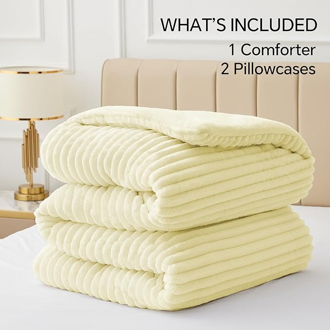 BEDELITE Fleece King Comforter Set -Super Soft & Warm Fluffy Transparent Yellow Bedding, Luxury Fuzzy Heavy Bed Set for Winter with 2 Pillow Cases