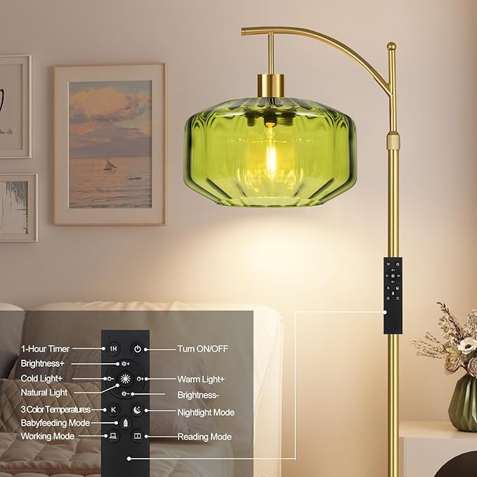 Gold Floor Lamps for Living Room Bedroom,Glass Floor Lamp with Remote Control & Green Lampshade,Arc Dimmable Floor Lamp Mid Century Modern Standing Lamp Vintage Tall Floor Lamps for Bedroom Corner