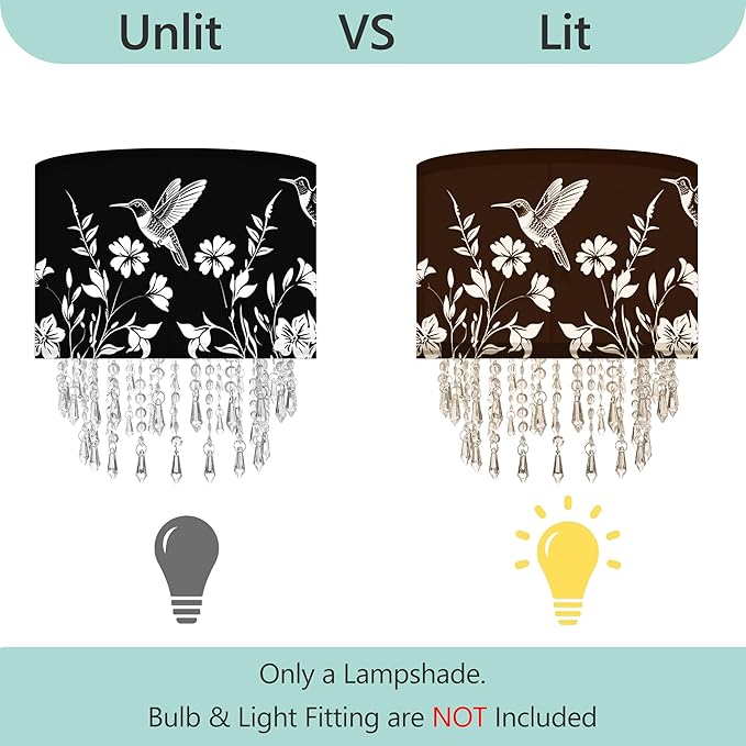 Hummingbird & Floral Lamp Shade with Crystal Bead Droplets, Black & White Drum Fabric Light Shade for Ceiling Pendant Table & Floor Lamps, Nature-Inspired Decor, 11.8in