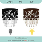 Hummingbird & Floral Lamp Shade with Crystal Bead Droplets, Black & White Drum Fabric Light Shade for Ceiling Pendant Table & Floor Lamps, Nature-Inspired Decor, 11.8in