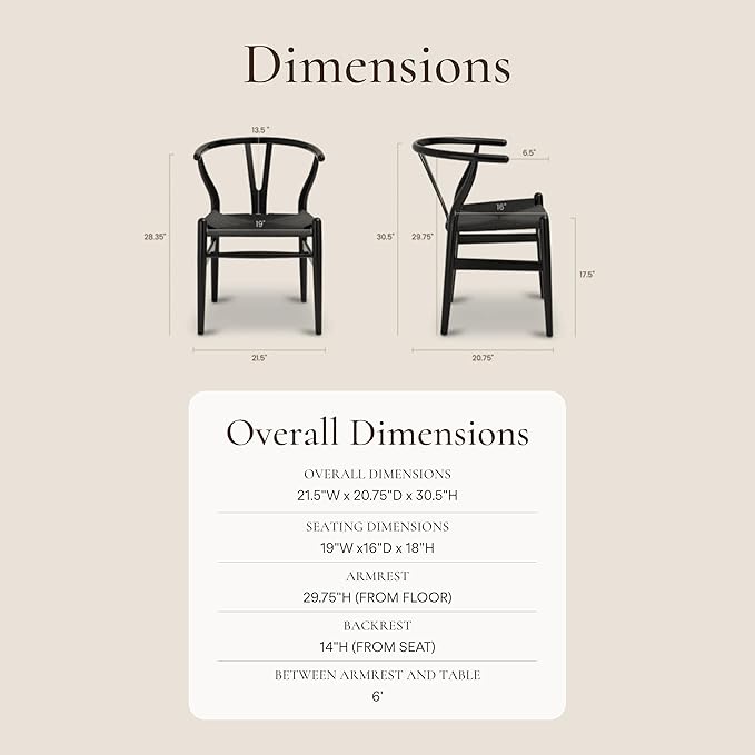 Poly & Bark Weave Dining Chairs – Mid-Century Modern Wishbone Dining Chairs with Arms, Solid Wood Frame, Indoor Use – Pitch Black – Single - Ideal for Dining Room, Kitchen or Stylish Accent Setting