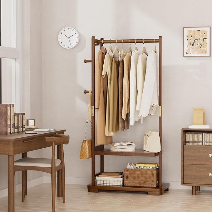 Solid Wood Clothes Rack with 2 Shelves & 4 Hooks for Hanging Clothes Garment Wallets Hats, Clothing Rack Heavy Duty Coat Rack Freestanding with Storage Hall Tree for Hallway Bedroom Living Room