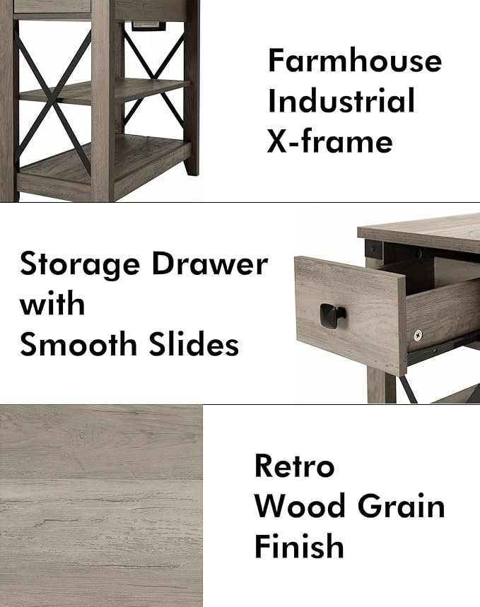 Narrow End Table with Charging Station - Farmhouse Slim Side Table Set of 2, w/USB Ports Power Outlets, Nightstand w/Flip Top Storage Drawer, for Small Spaces Living Room Bedroom, Gray
