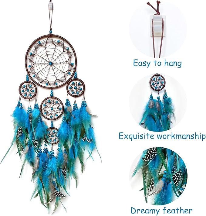 Large Dream Catcher Wall Decor Blue Dream Catchers with Wooden Bead Handmade Feather Dreamcatcher Wall Hanging Ornament for Bedroom Living Room Home Decor