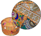 Aakriti Gallery Indian Pouf Footstool Ethnic Embroidered Pouf Cover, Indian Cotton Round Pouffe Ottoman Pouf Cover Pillow Ethnic Decor Art - Cover Only (Orange, 22x14)
