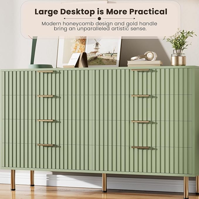 GarveeHome 8 Drawer Dresser for Bedroom, Fluted 55 in Wide Modern Chest of Drawers with Deep Drawers, Wooden Dresser Organizer for Living Room, Hallway, Kids Room, Green